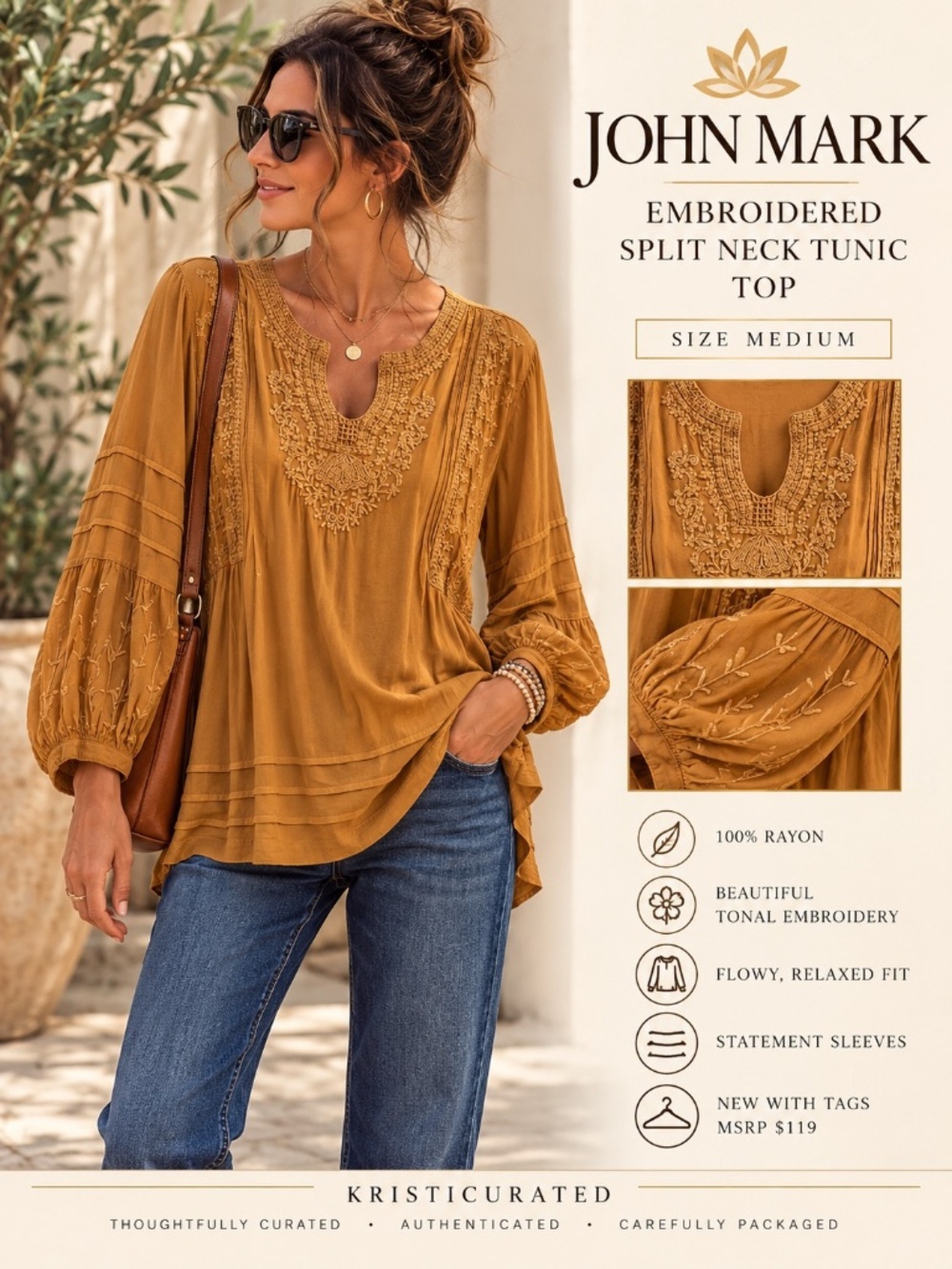 JOHN MARK Embroidered Split Neck Tunic Top Spice Medium NWT